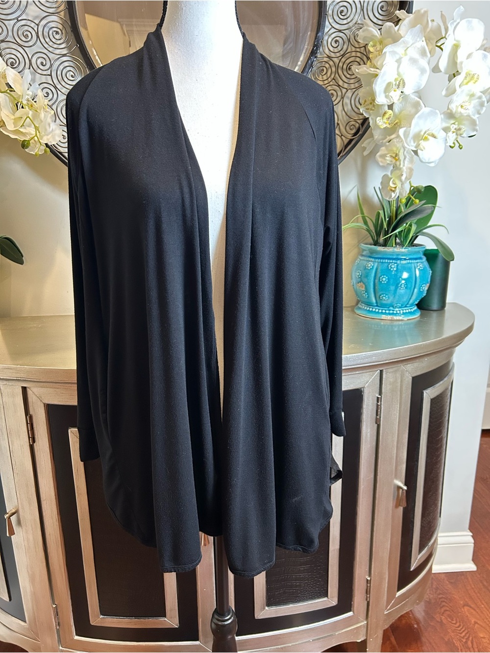 Black Open Front Draped Cardigan w/ chiffon pleated back size S